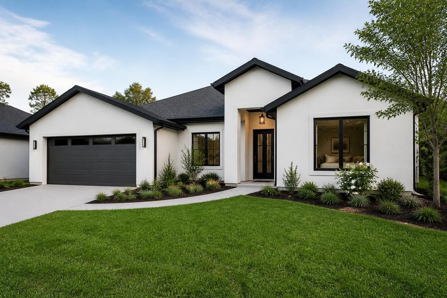 Freshly painted modern home exterior with a tidy front yard