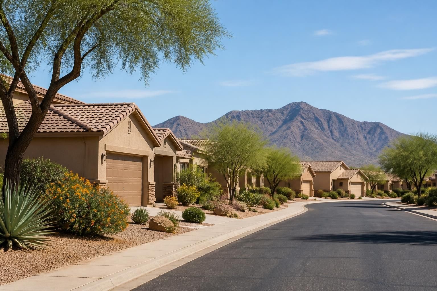 Clean Peoria residential street with desert plants and tidy homes
