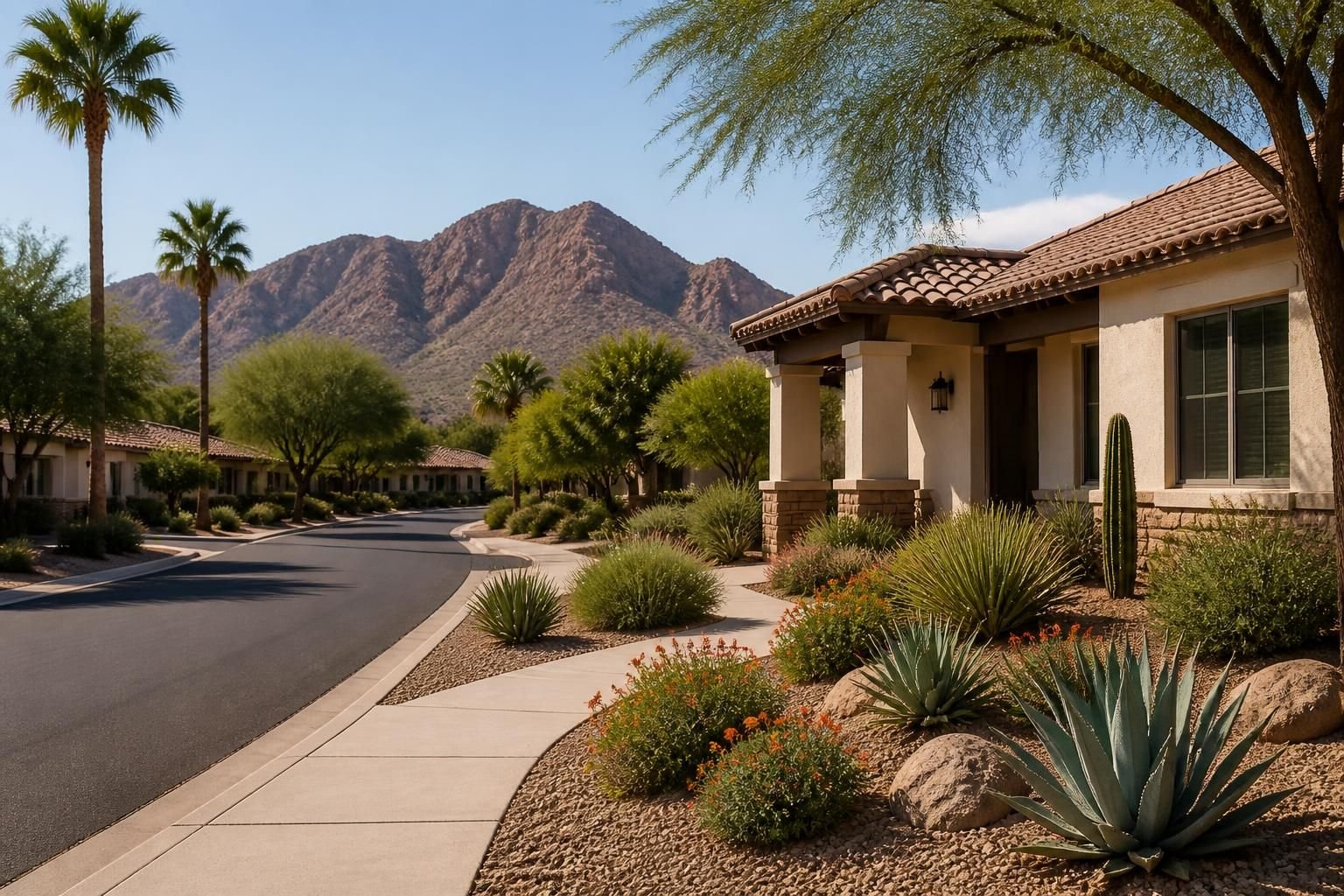 Sunlit Phoenix neighborhood with residential homes and desert landscaping