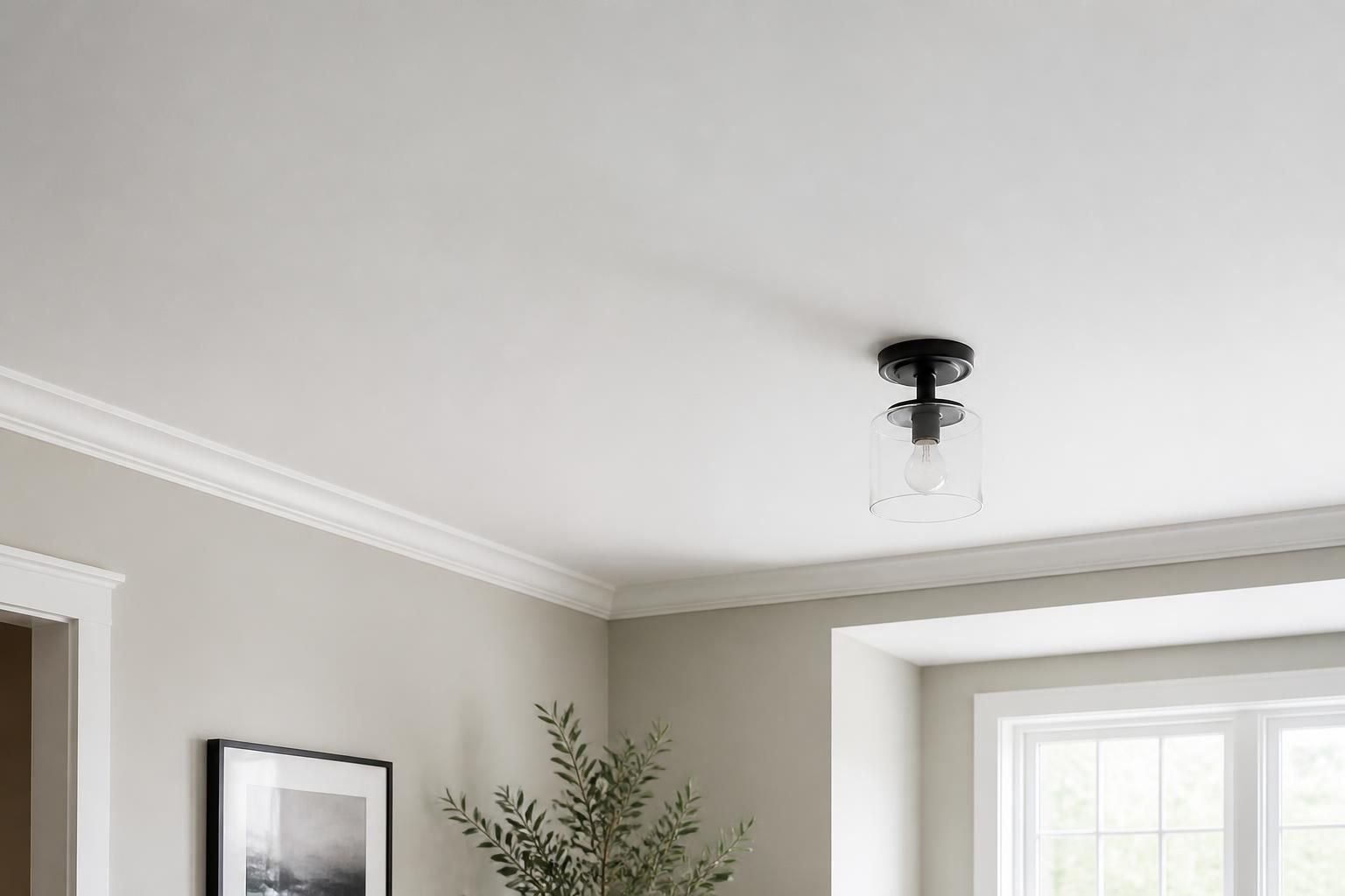 Smooth freshly painted ceiling in a bright finished room
